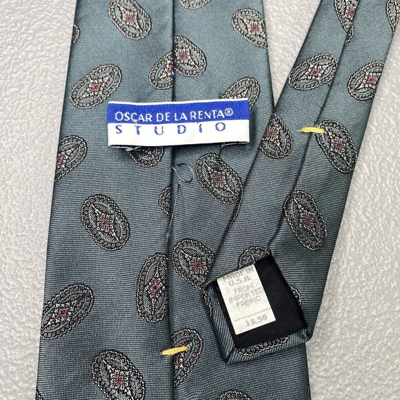 Vintage OSCAR DE LA RENTA Studio Mens Silk Tie Necktie Teal Geometric Made USA - Picture 2 of 5